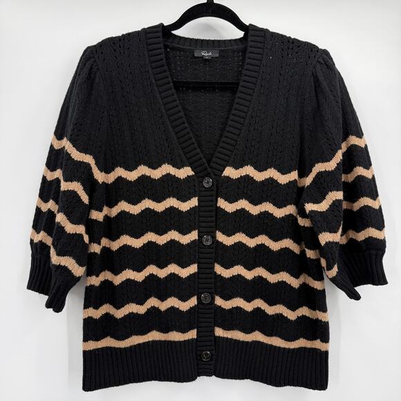 Rails Sweaters - Rails Cardigan Sweater Womens XL Black Camel Stripe Isla Puff Sleeve Button
